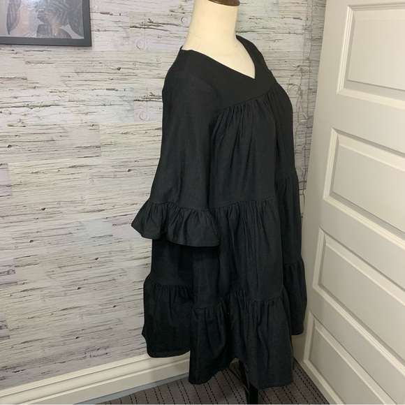 EMMA Knudsen Black Babydoll Mini Shift Dress Ruffles Relax Fit 1/2 Sleeve Sz XS - Picture 6 of 12